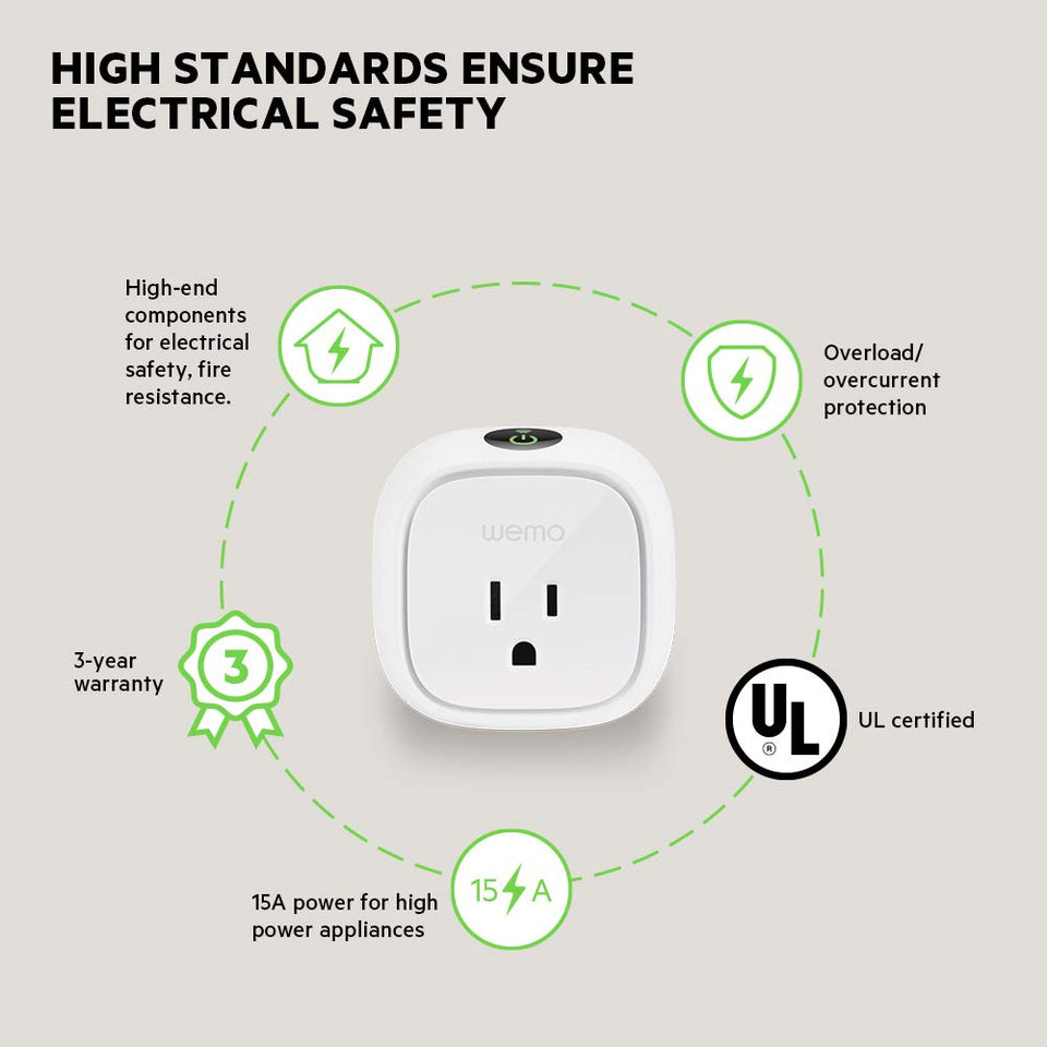 WeMo Mini Smart Plug, WiFi habilitado, Funciona con Alexa y Google Assistant, Enchufe Inteligente a la Vista, Blanco