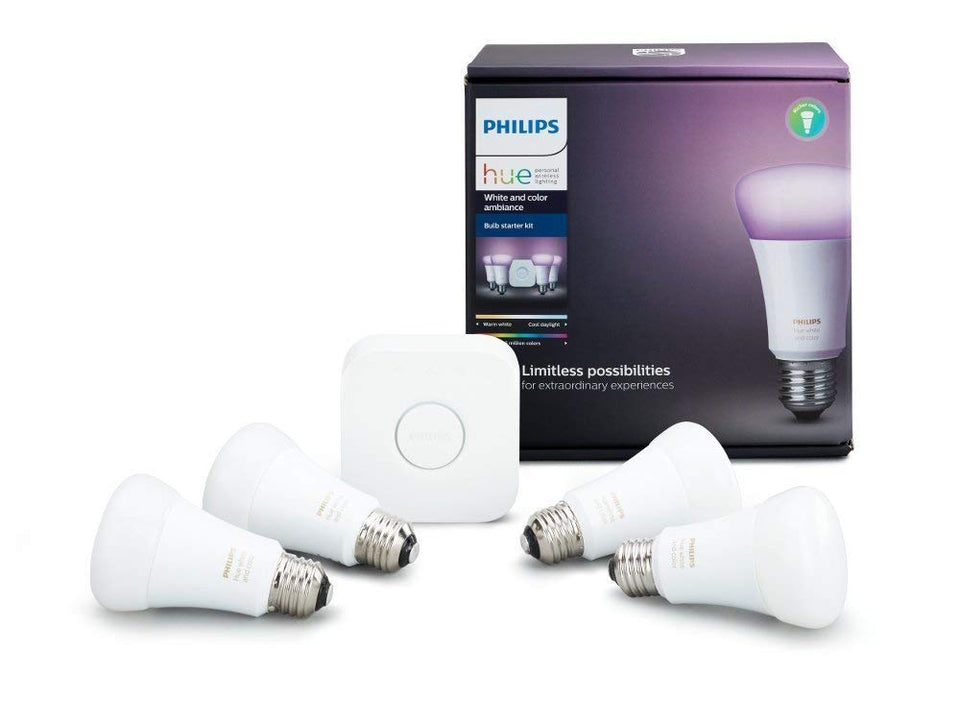 Philips, 4 Lámparas de Color HUE LED, 10W A19 E26 + Bridge