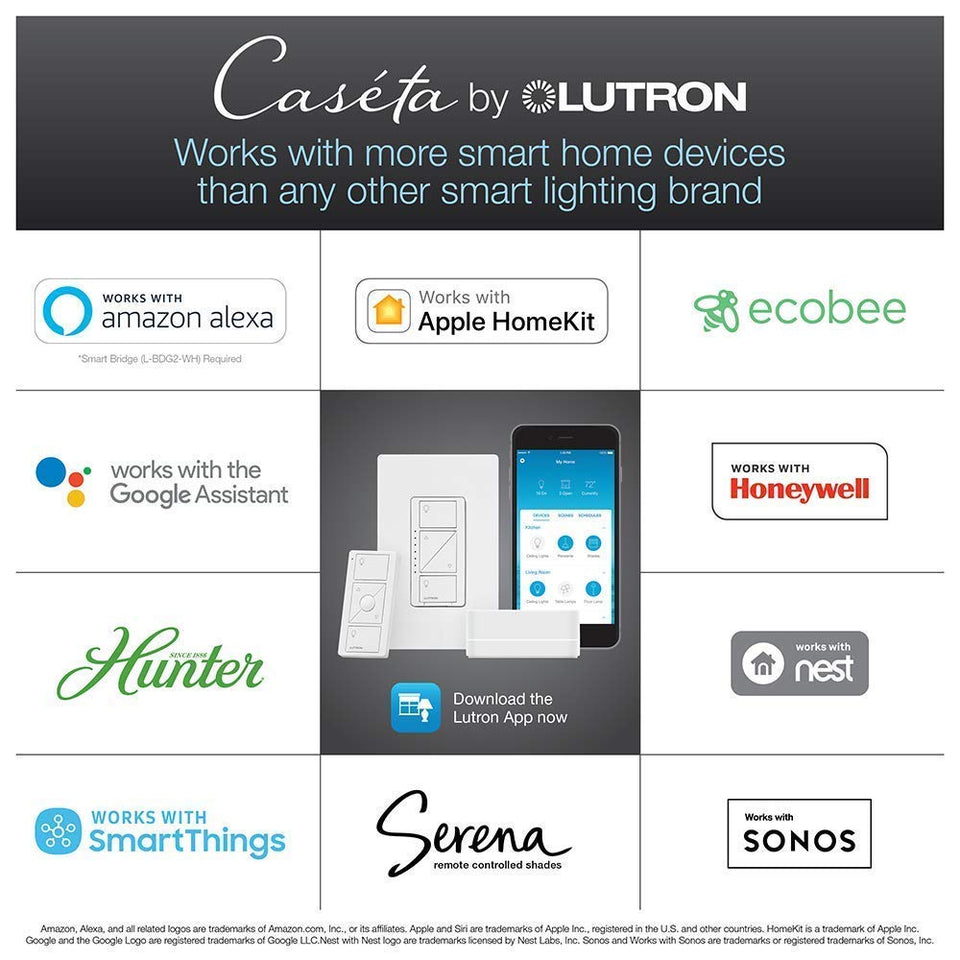 Lutron P-BDG-PKG2W Caséta™ Iluminación Inteligente Inalámbrica, Kit de Reguladores de Empotrar, Habilitado para Sistema HomeKit