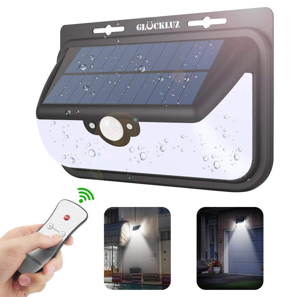 Glückluz Lámparas Solares Para Exterior Solar Lights 68 LED Solar Con Sensor De Movimiento de 270° Impermeable Con 3 Modos Lampara Seguridad Solar Para Patio Jardín Terraza Garaje Camino Blanco Frio 6000K Regalo de Navidad para Familias Viejos Padres