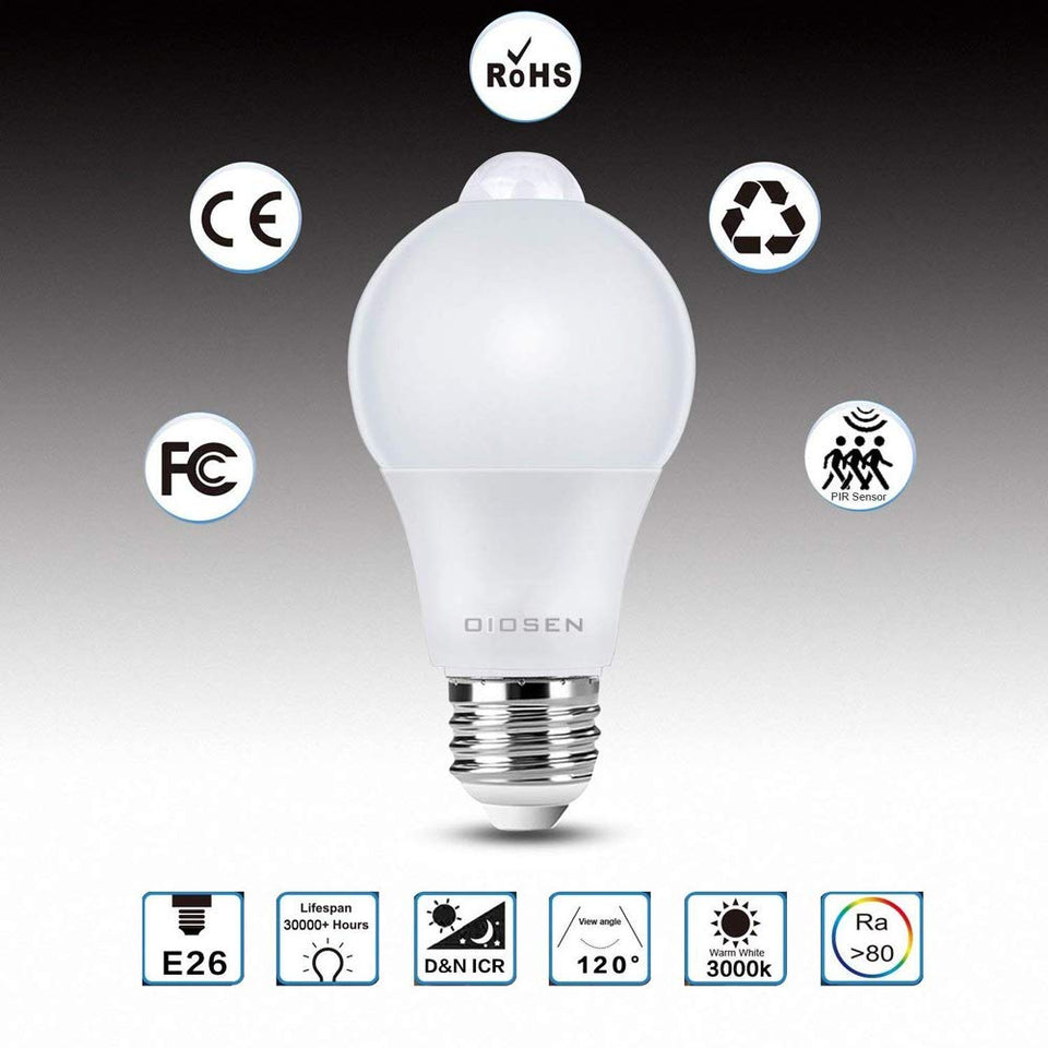 Foco Con Sensor de Movimiento, Bombilla OIOSEN 10W E26 PIR Detector Inteligente de Movimiento Encendido y Apagado Automático, Ideal para Escaleras, Cocheras, Pasillos y Más
