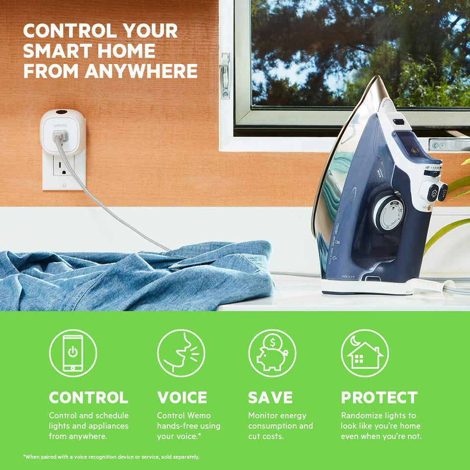 WeMo Mini Smart Plug, WiFi habilitado, Funciona con Alexa y Google Assistant, Enchufe Inteligente a la Vista, Blanco