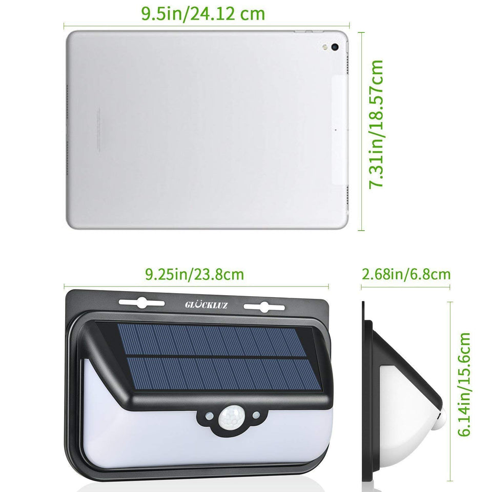 Glückluz Lámparas Solares Para Exterior Solar Lights 68 LED Solar Con Sensor De Movimiento de 270° Impermeable Con 3 Modos Lampara Seguridad Solar Para Patio Jardín Terraza Garaje Camino Blanco Frio 6000K Regalo de Navidad para Familias Viejos Padres