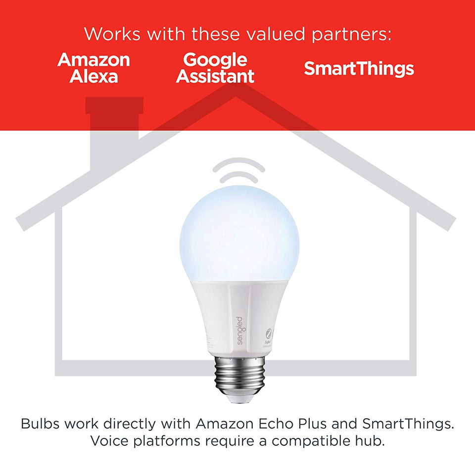 Elemento clásico de Sengled – A19 luz de día 5000 K foco LED inteligente (buje necesario), funciona con Alexa, asistente de Google, Echo Plus y SmartThings – Paquete de 4