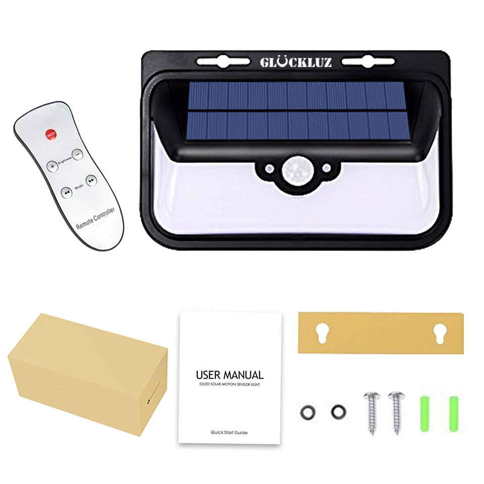 Glückluz Lámparas Solares Para Exterior Solar Lights 68 LED Solar Con Sensor De Movimiento de 270° Impermeable Con 3 Modos Lampara Seguridad Solar Para Patio Jardín Terraza Garaje Camino Blanco Frio 6000K Regalo de Navidad para Familias Viejos Padres