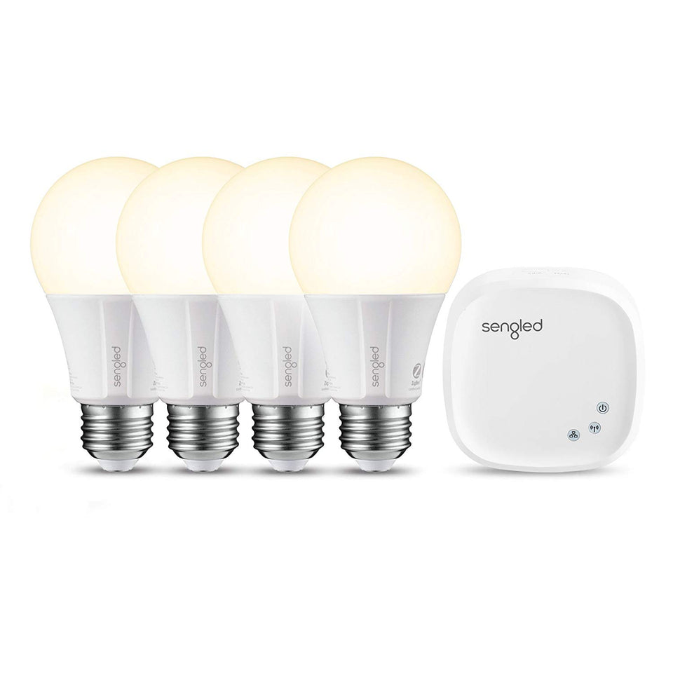 Element clásico de Sengled – Kit de iniciación (4 bombillas A19 + Hub) – 60 W Equivalente blanco suave (2700 K) LED inteligente bombillas, ZigBee, compatible con Amazon Alexa, Google asistente y SmartThings