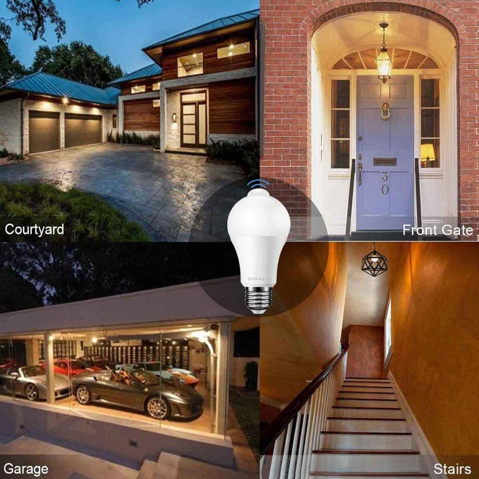 Foco Con Sensor de Movimiento, Bombilla OIOSEN 10W E26 PIR Detector Inteligente de Movimiento Encendido y Apagado Automático, Ideal para Escaleras, Cocheras, Pasillos y Más