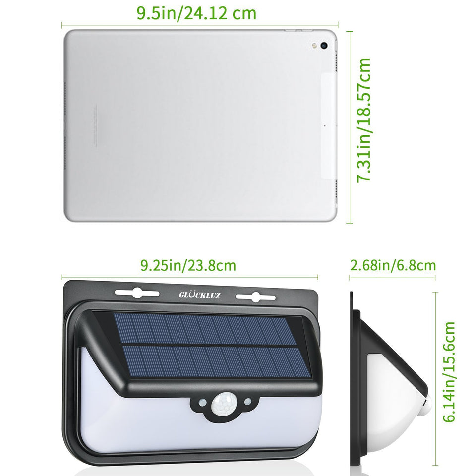 Glückluz Lámparas Solares Para Exterior Solar Lights 68 LED Solar Con Sensor De Movimiento de 270° Impermeable Con 3 Modos Lampara Seguridad Solar Para Patio Jardín Terraza Garaje Camino Blanco Frio 6000K Regalo de Navidad para Familias Viejos Padres