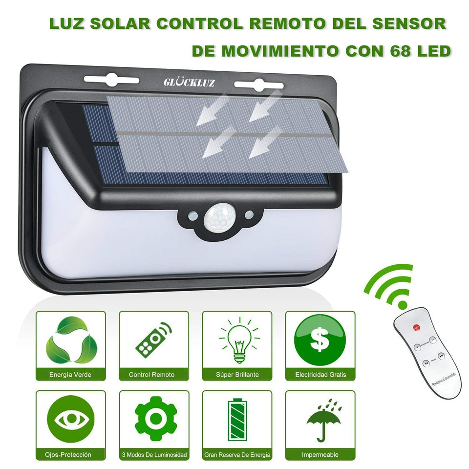 Glückluz Lámparas Solares Para Exterior Solar Lights 68 LED Solar Con Sensor De Movimiento de 270° Impermeable Con 3 Modos Lampara Seguridad Solar Para Patio Jardín Terraza Garaje Camino Blanco Frio 6000K Regalo de Navidad para Familias Viejos Padres
