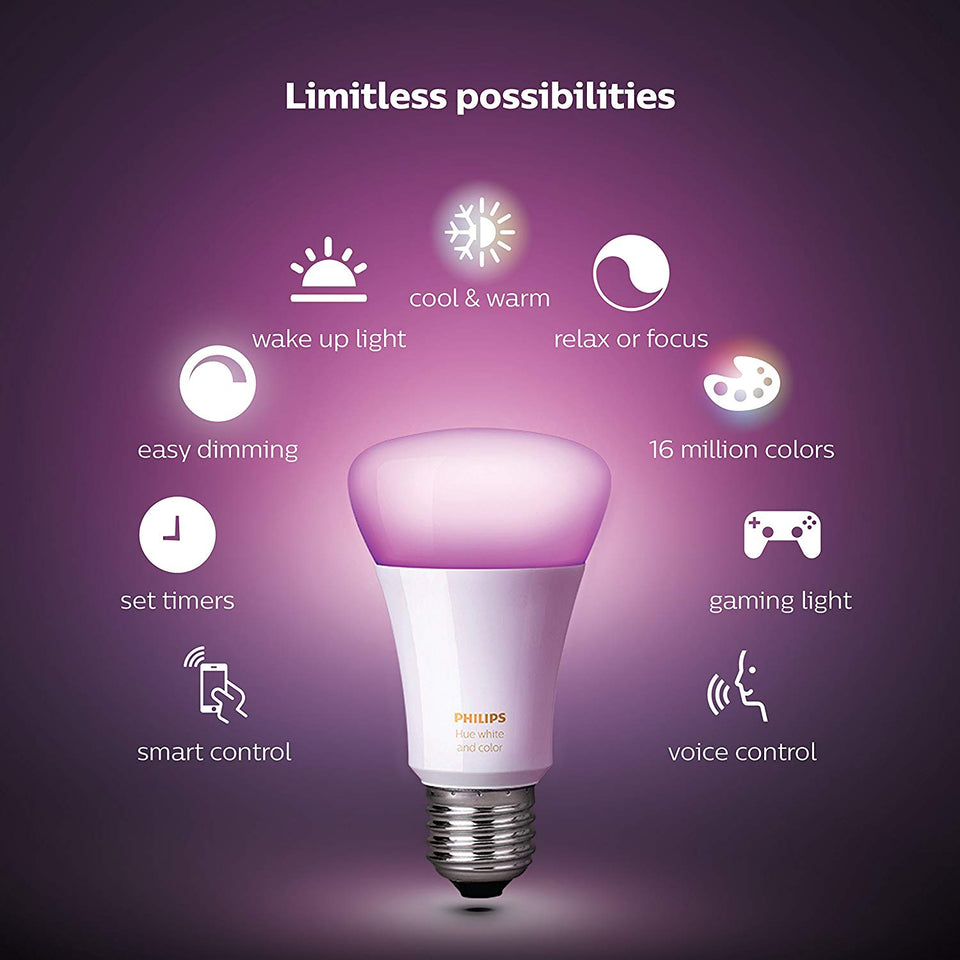 Philips, 4 Lámparas de Color HUE LED, 10W A19 E26 + Bridge